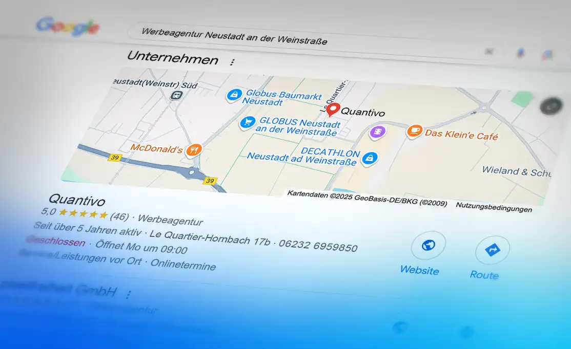 Bild zeigt die Suchergebnisse von Werbeagentur Neustadt und Quantivo